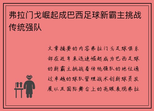 弗拉门戈崛起成巴西足球新霸主挑战传统强队